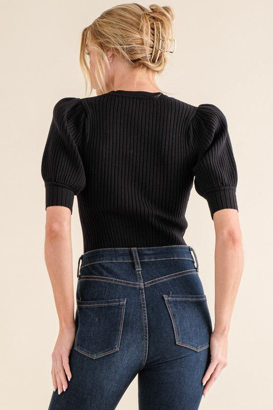 Puffed Half Sleeve Rib Basic Bodysuits