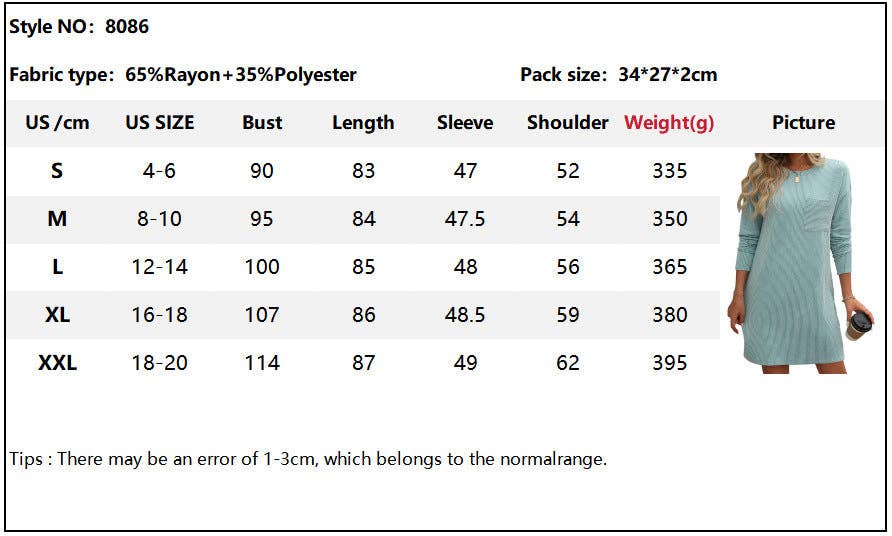 Casual Ribbed Pocket Dress size chart