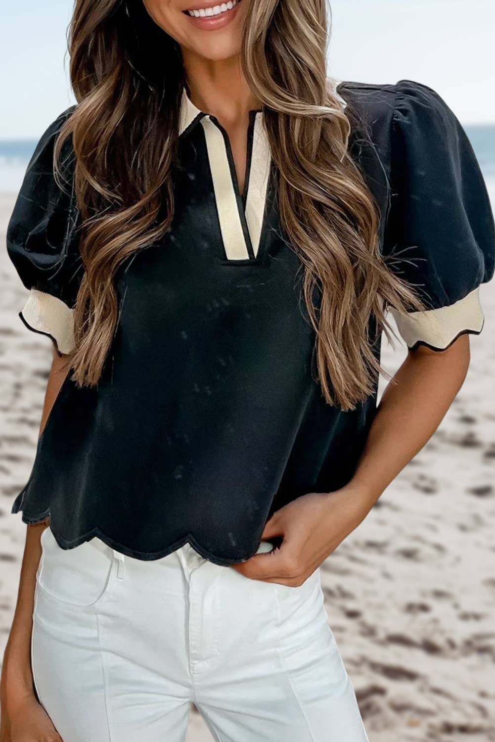 Collared V Neck Puff Sleeve Blouse