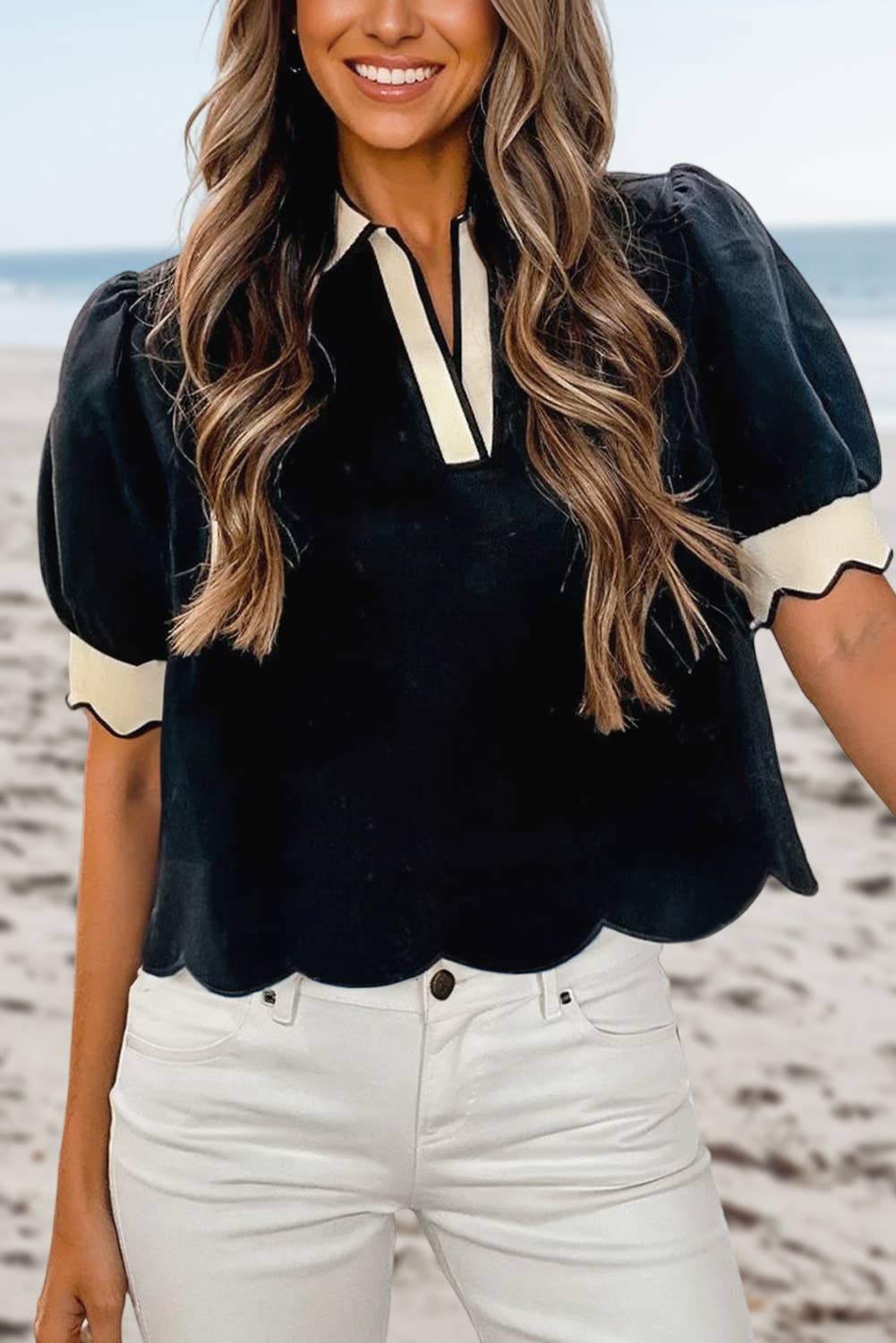 Collared V Neck Puff Sleeve Blouse on model