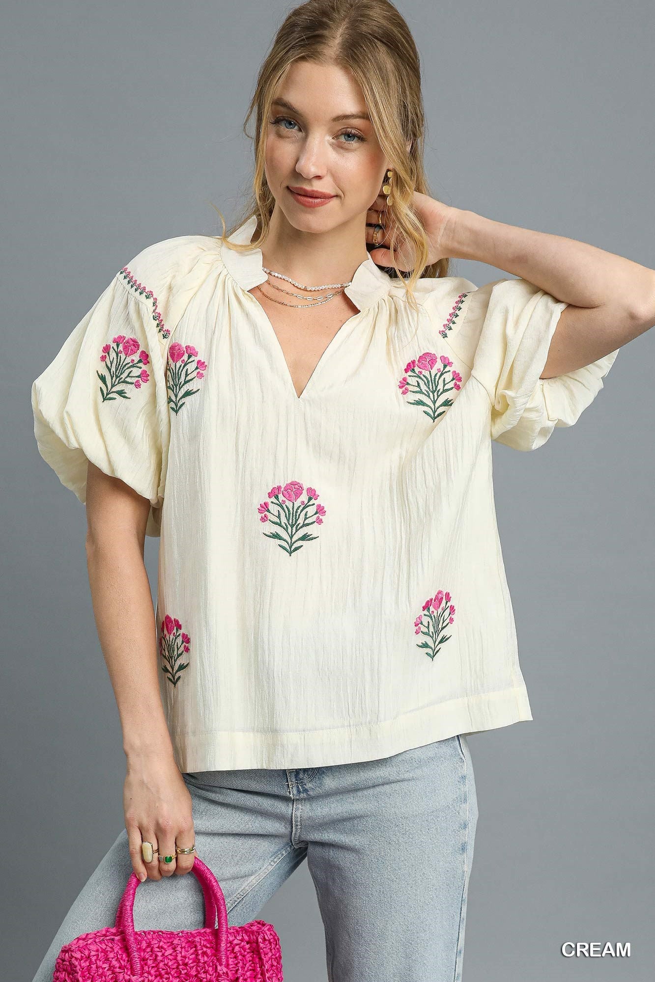 Embroidered Floral Puff Sleeve Blouse