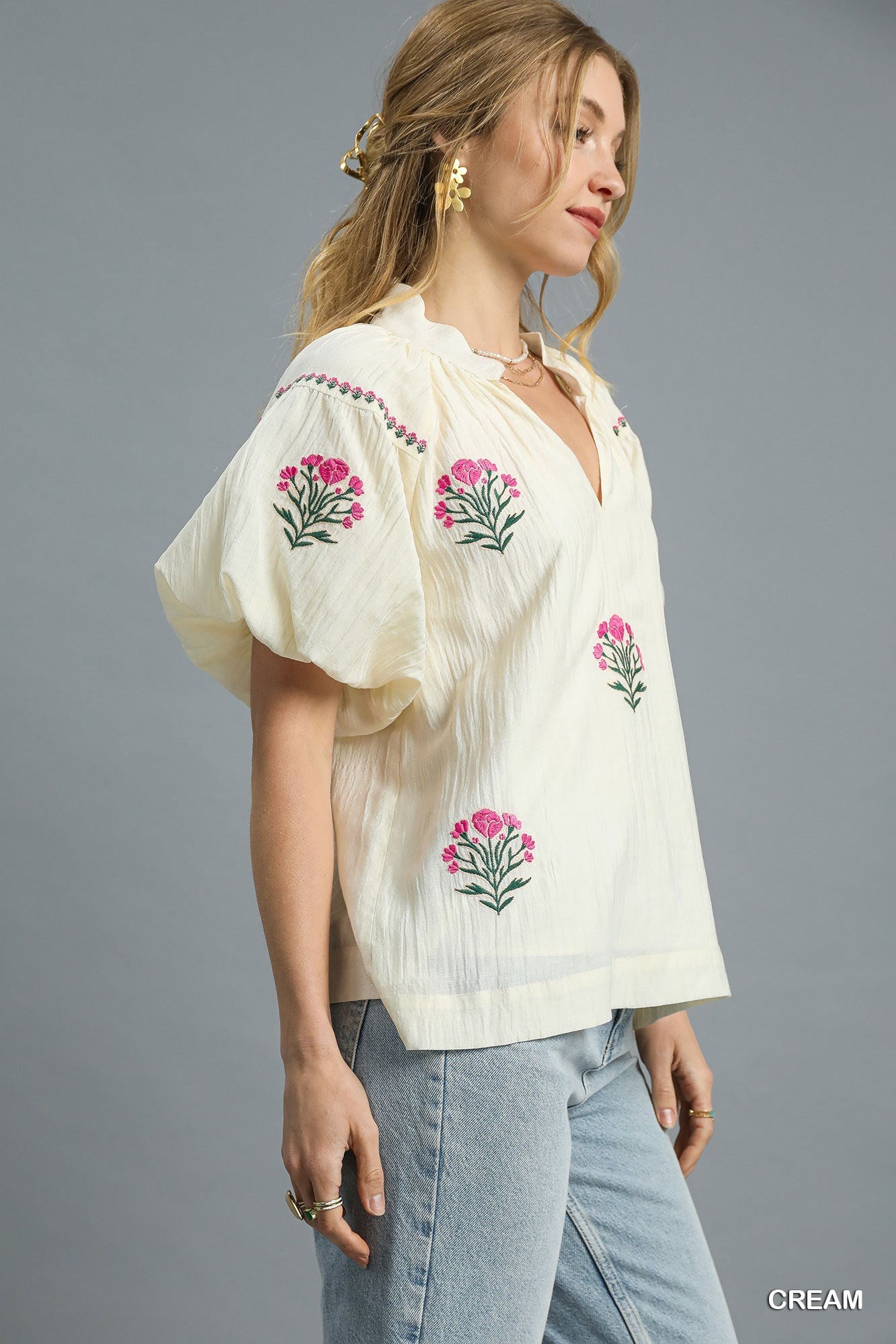 Embroidered Floral Puff Sleeve Blouse side view