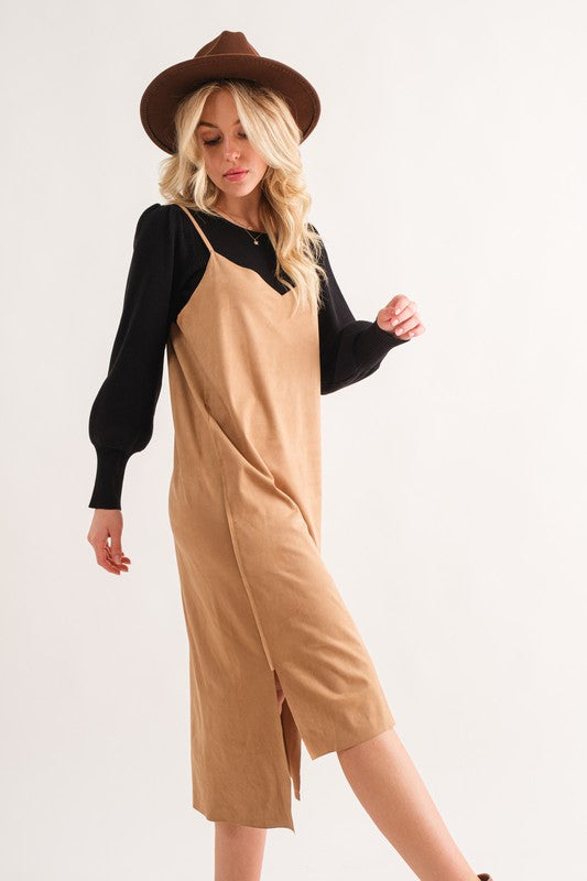 Faux Suede Cut Edge Cami Midi Dress side view