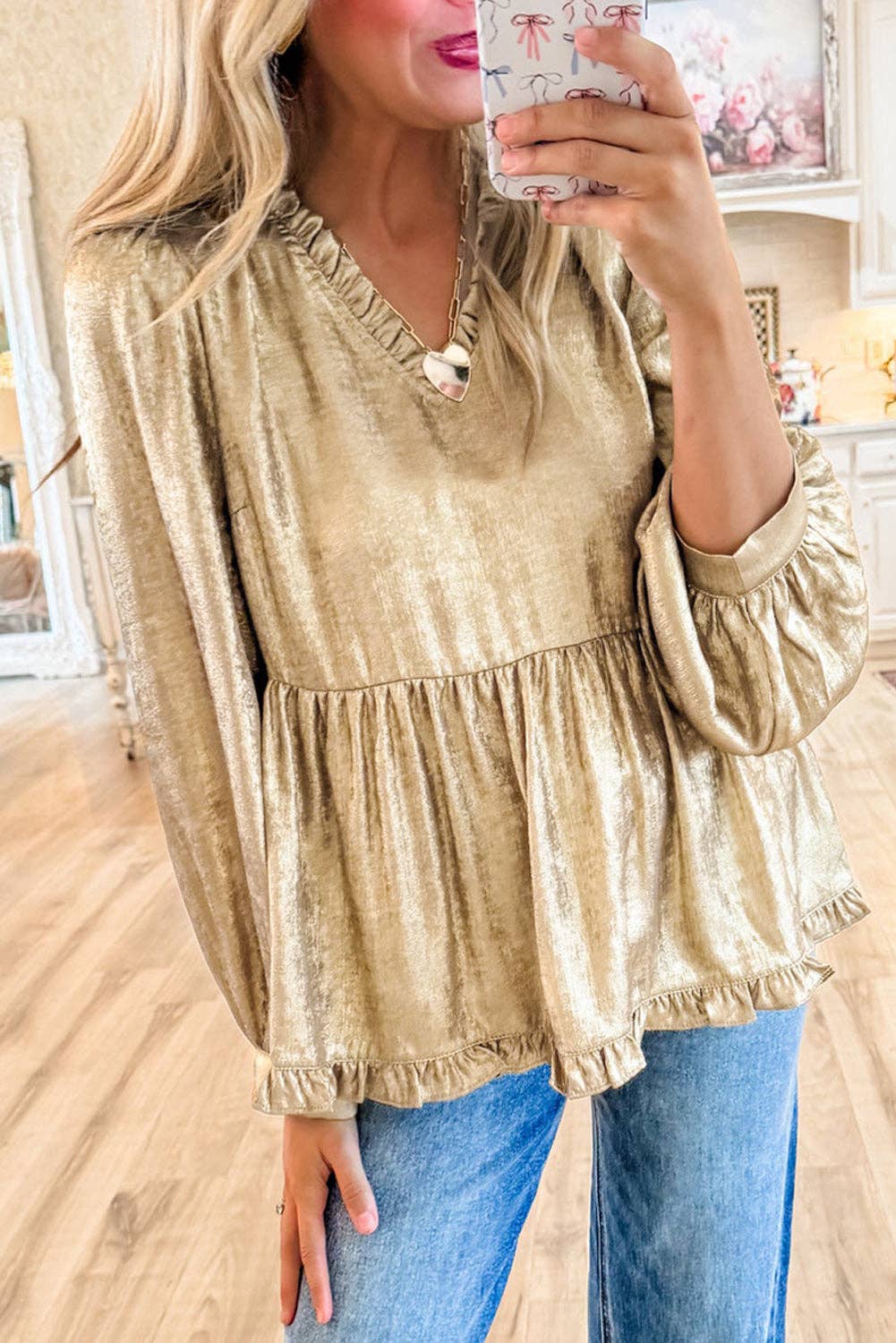 Metallic Frilled V Neck Puff Sleeve Babydoll Blouse main image 0