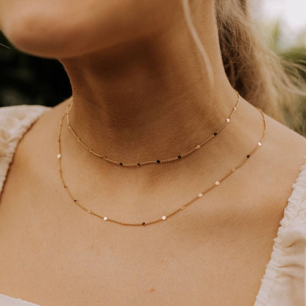 Nora Gold Filled Necklace layered on model