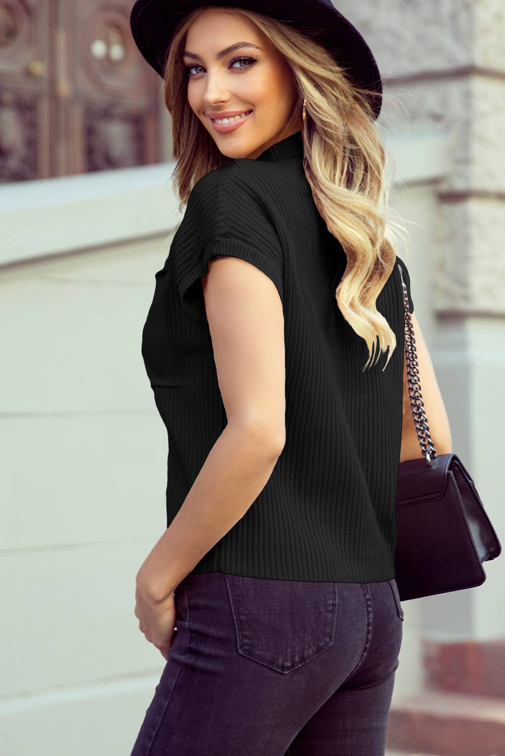 Patch Pocket Ribbed Knit Short Sleeve Sweater black side view