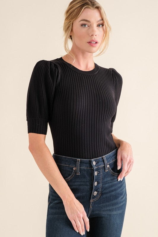 Puffed Half Sleeve Rib Basic Bodysuits