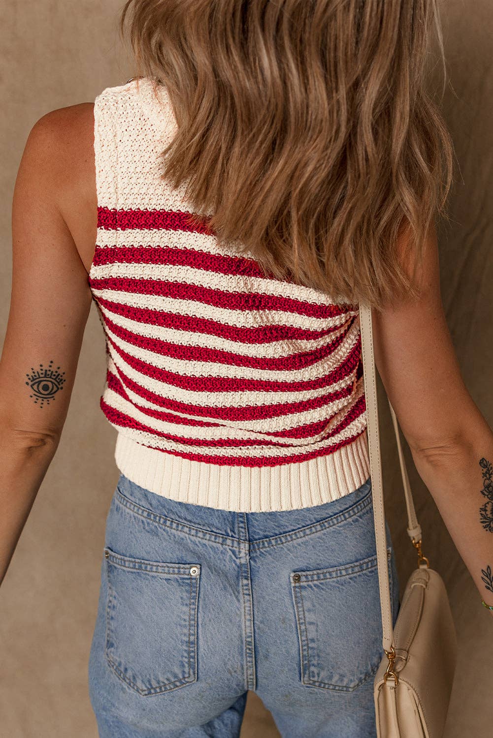 Red Stripe Textured Knit Sweater Tank Top Back