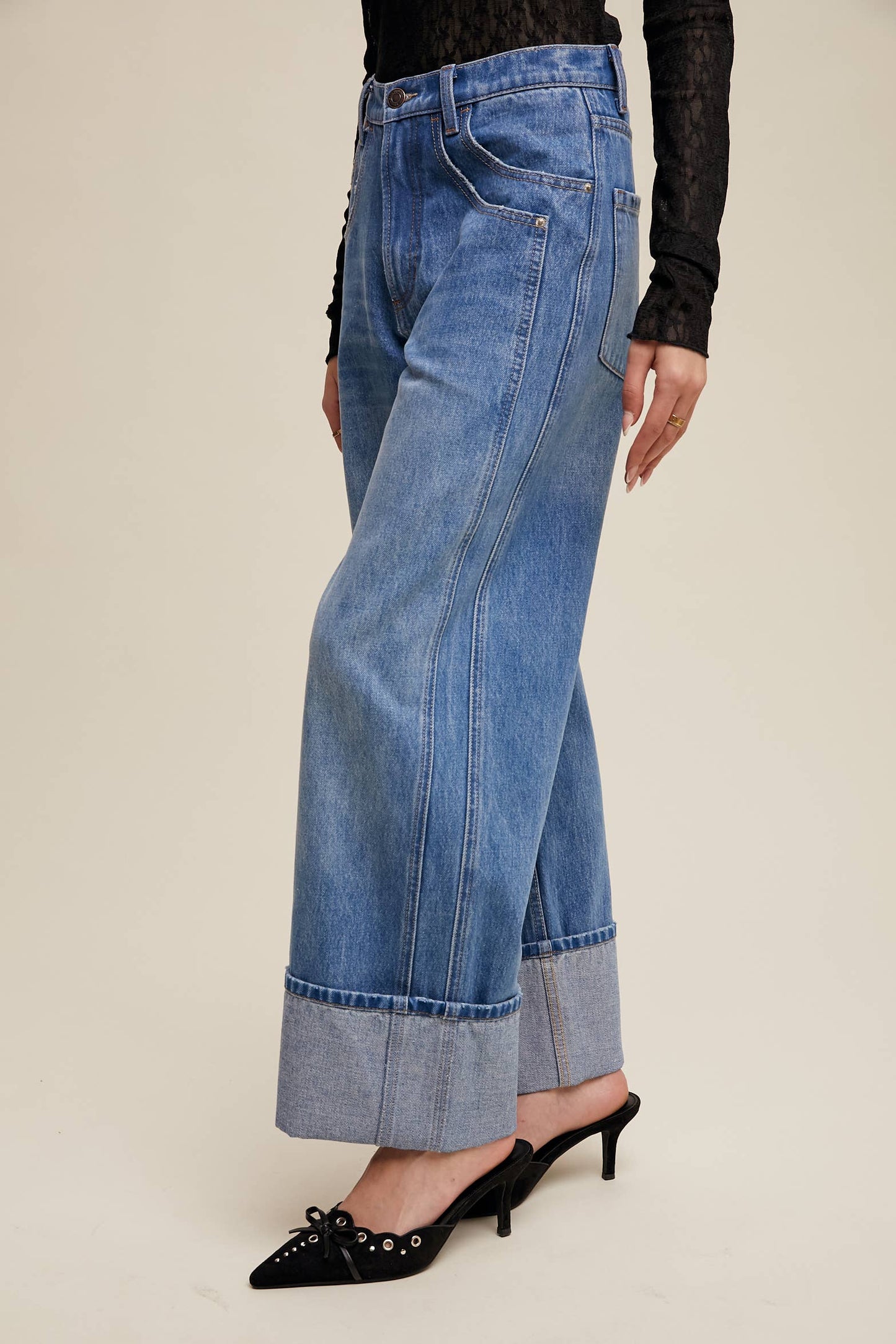 Cuffed Wide Leg Denim Pants