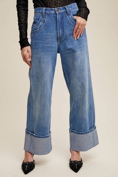Cuffed Wide Leg Denim Pants