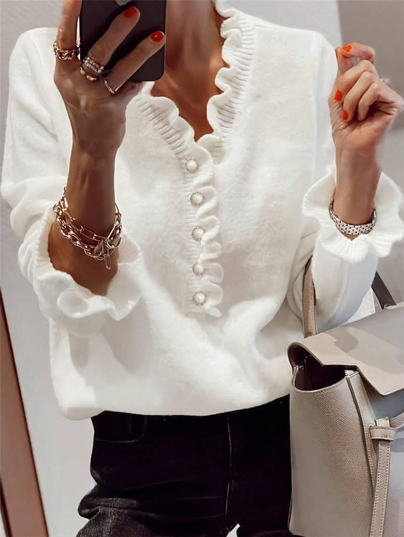 Ruffle Collar V Neck Knit Sweater