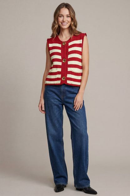 Gold Button Striped Sweater Vest