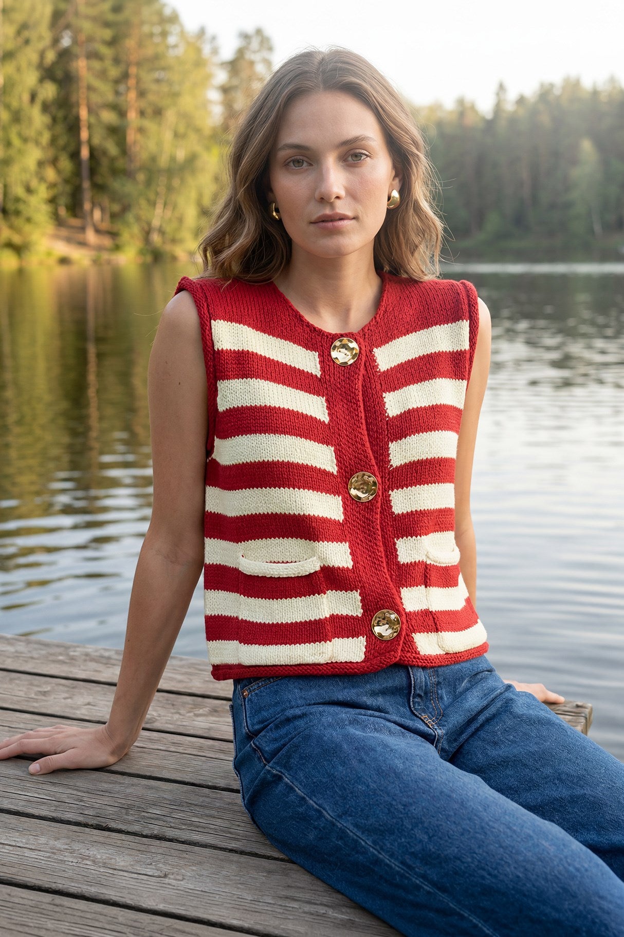 Gold Button Striped Sweater Vest
