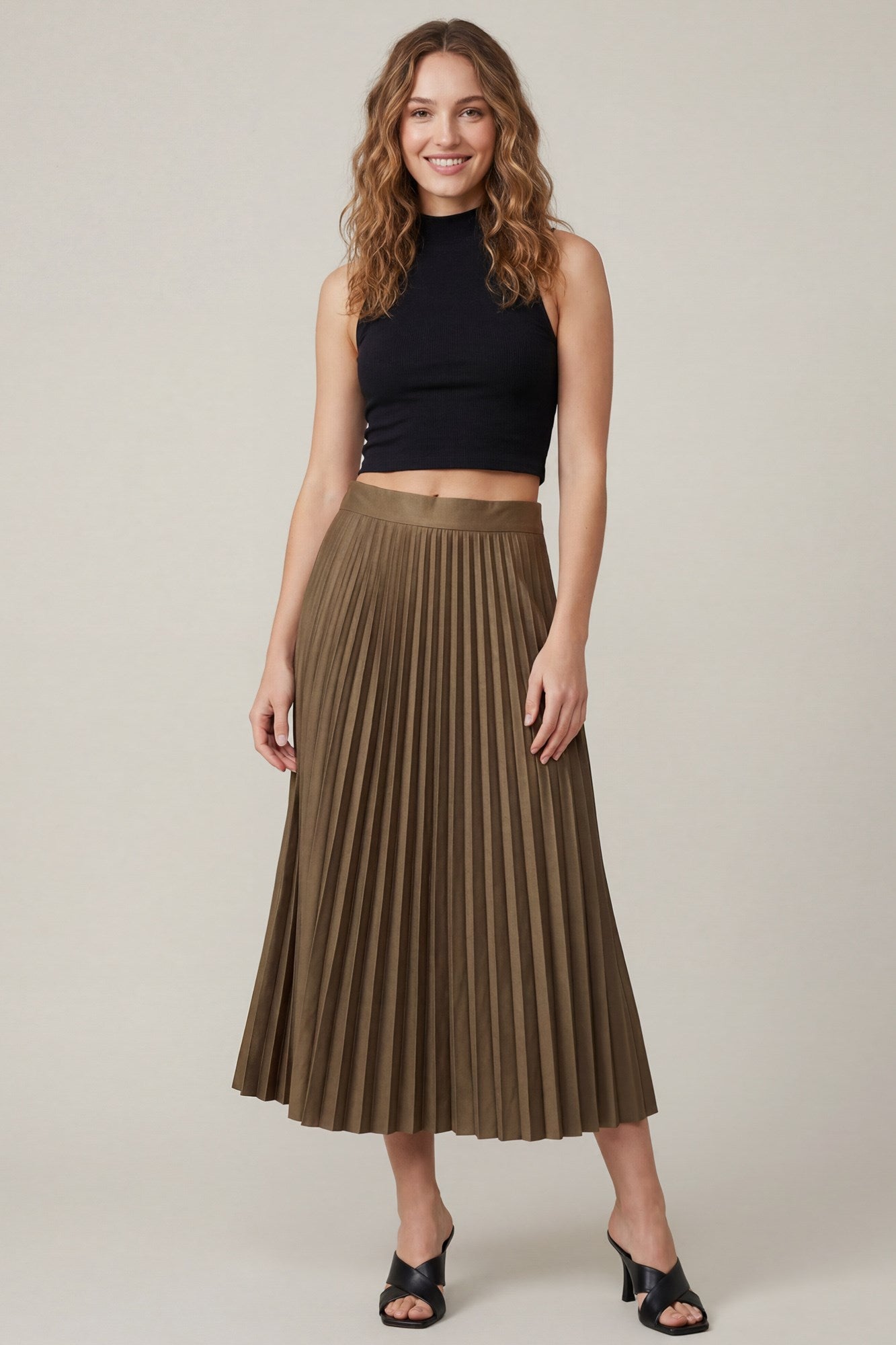 Faux Suede Pleated Midi Skirt