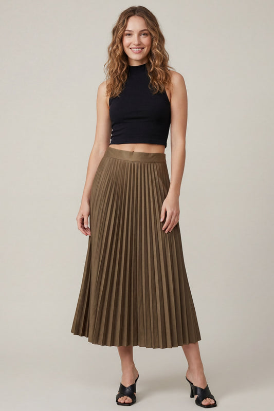 Faux Suede Pleated Midi Skirt
