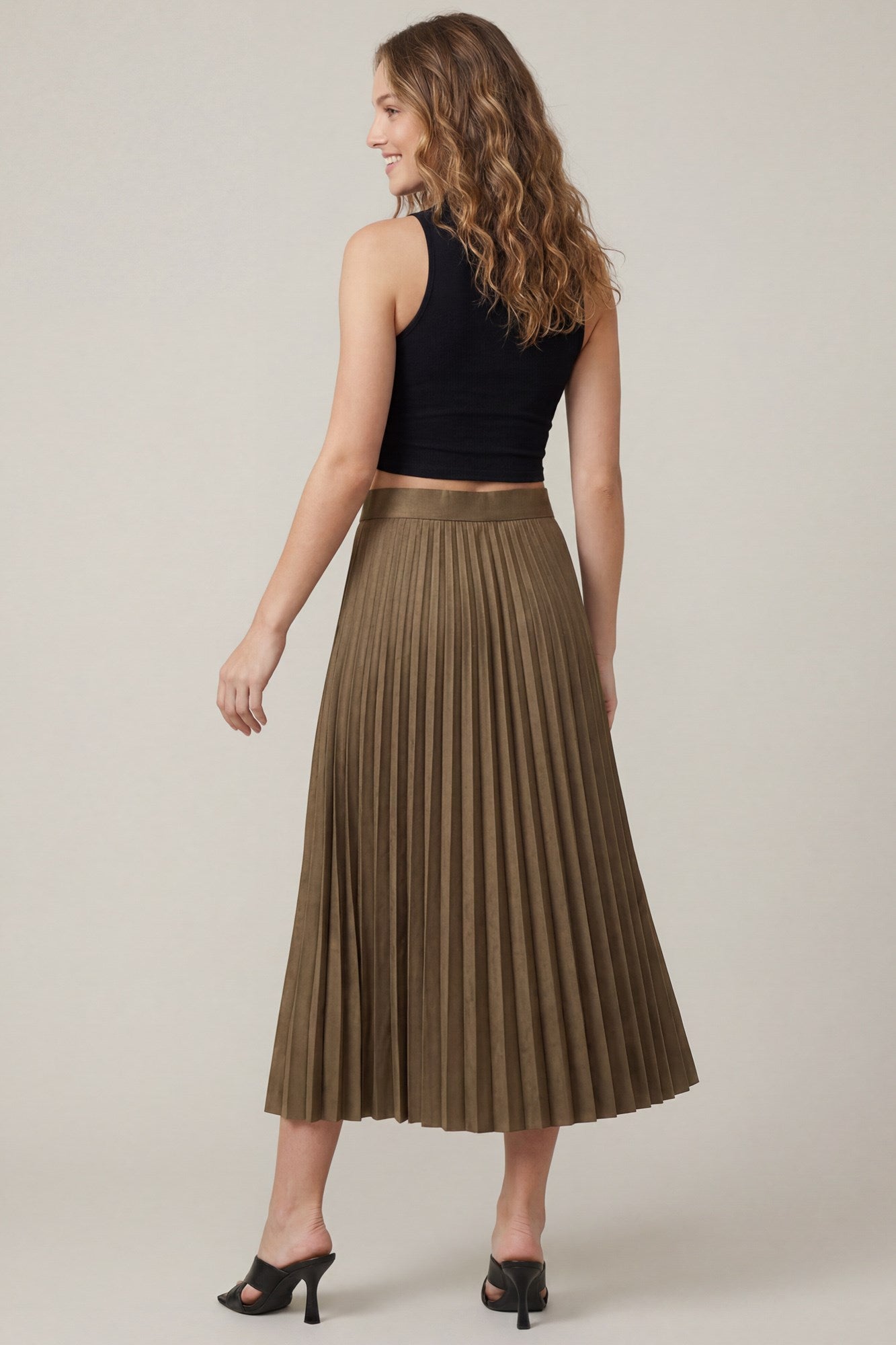 Faux Suede Pleated Midi Skirt