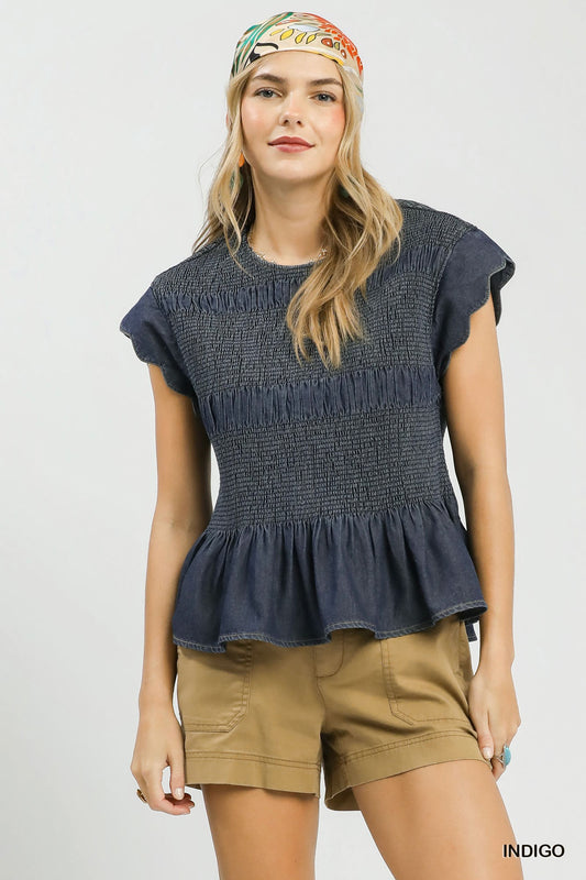 Chambray Smocked Peplum Top