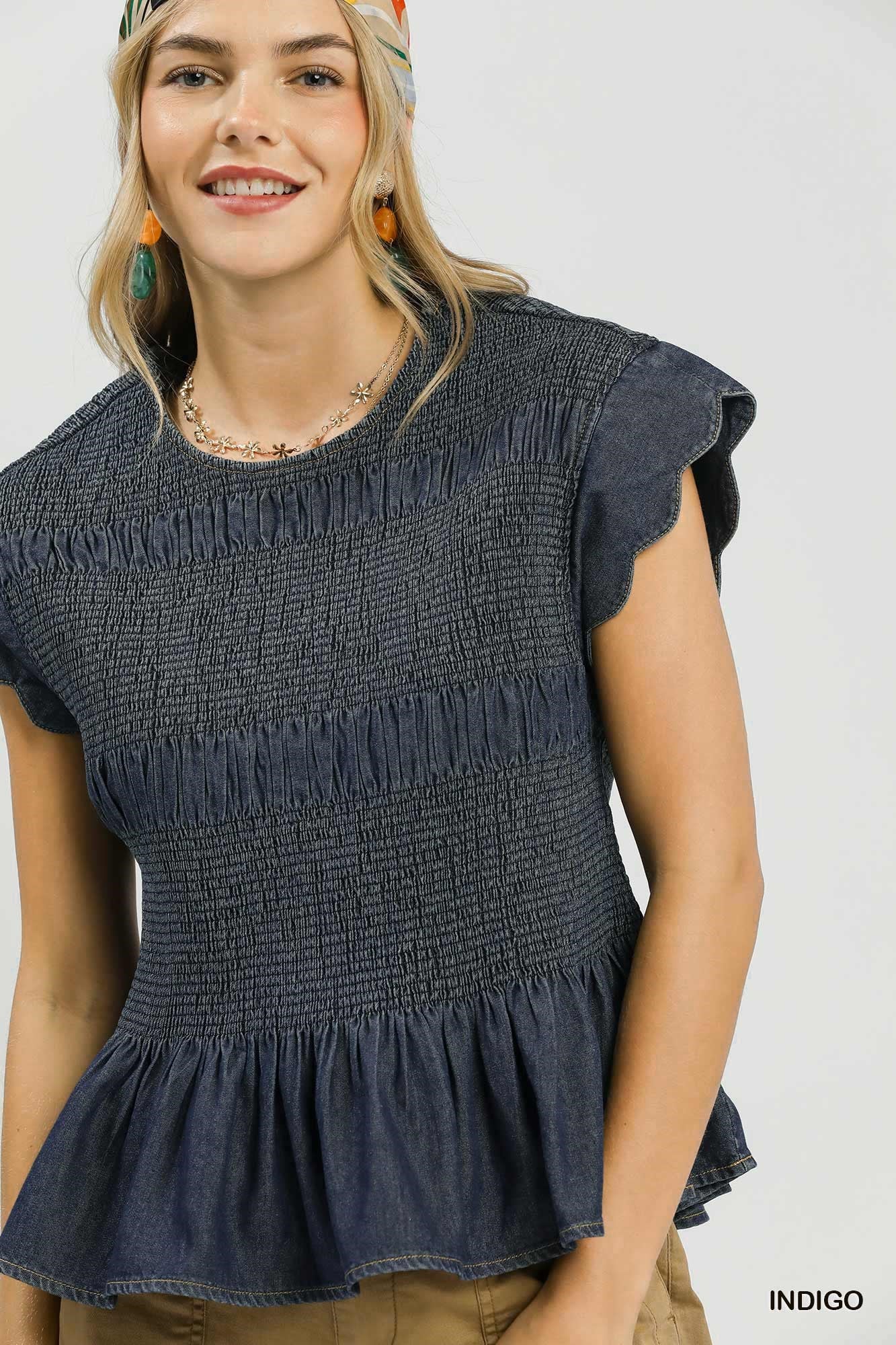Chambray Smocked Peplum Top