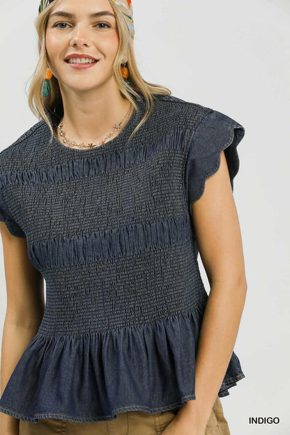 Chambray Smocked Peplum Top