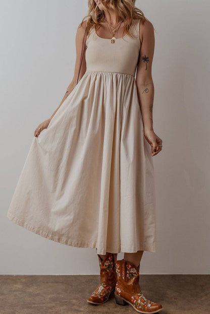 Scoop Neck Ribbed Pleated Dress