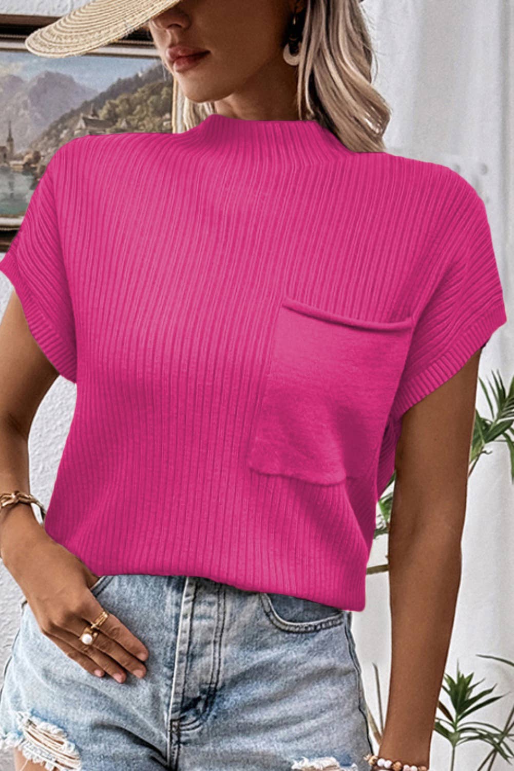 Patch Pocket Ribbed Knit Short Sleeve Sweater