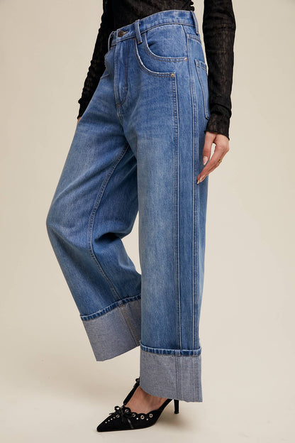 Cuffed Wide Leg Denim Pants