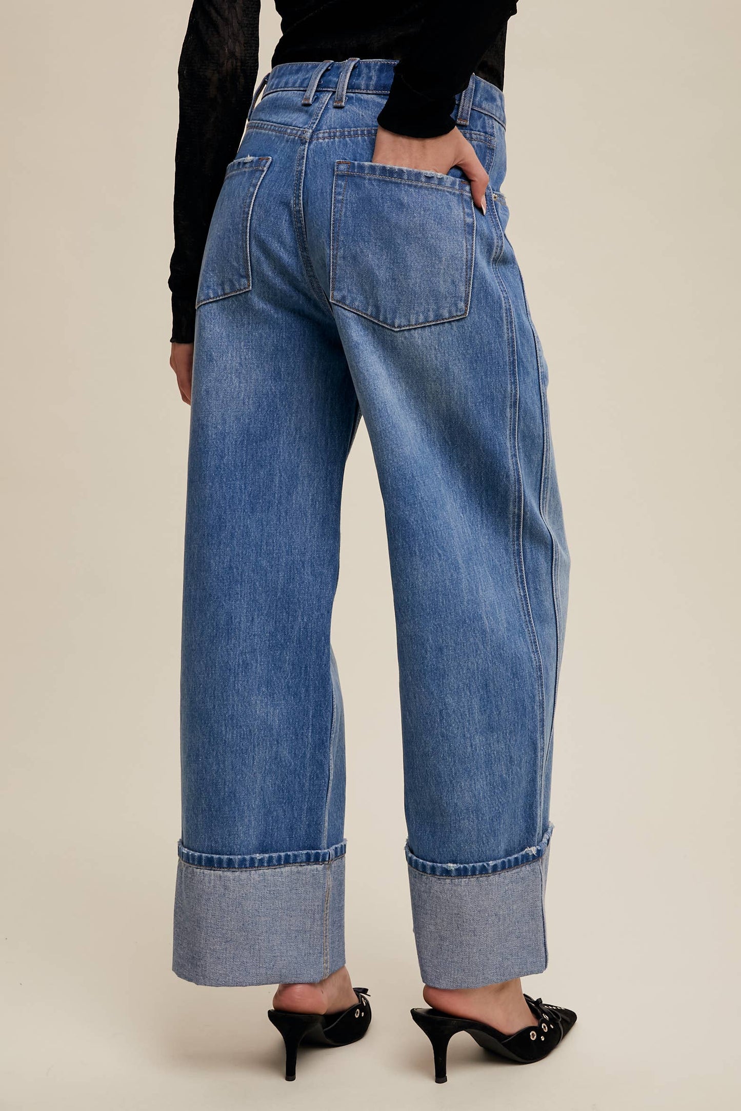 Cuffed Wide Leg Denim Pants