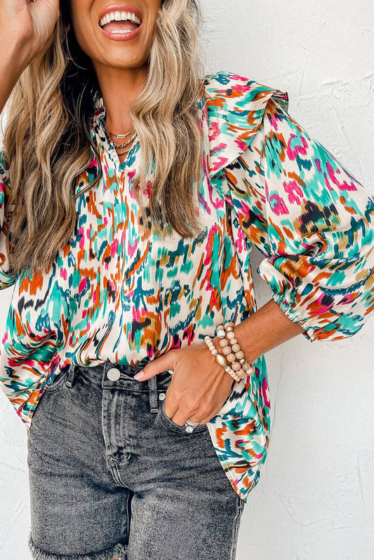 Abstract Print 3/4 Puff Sleeve Ruffle Blouse Front