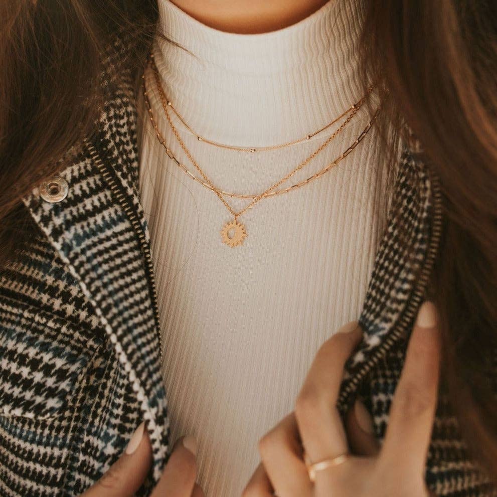 Annie Gold Filled Satellite Necklace layered on model