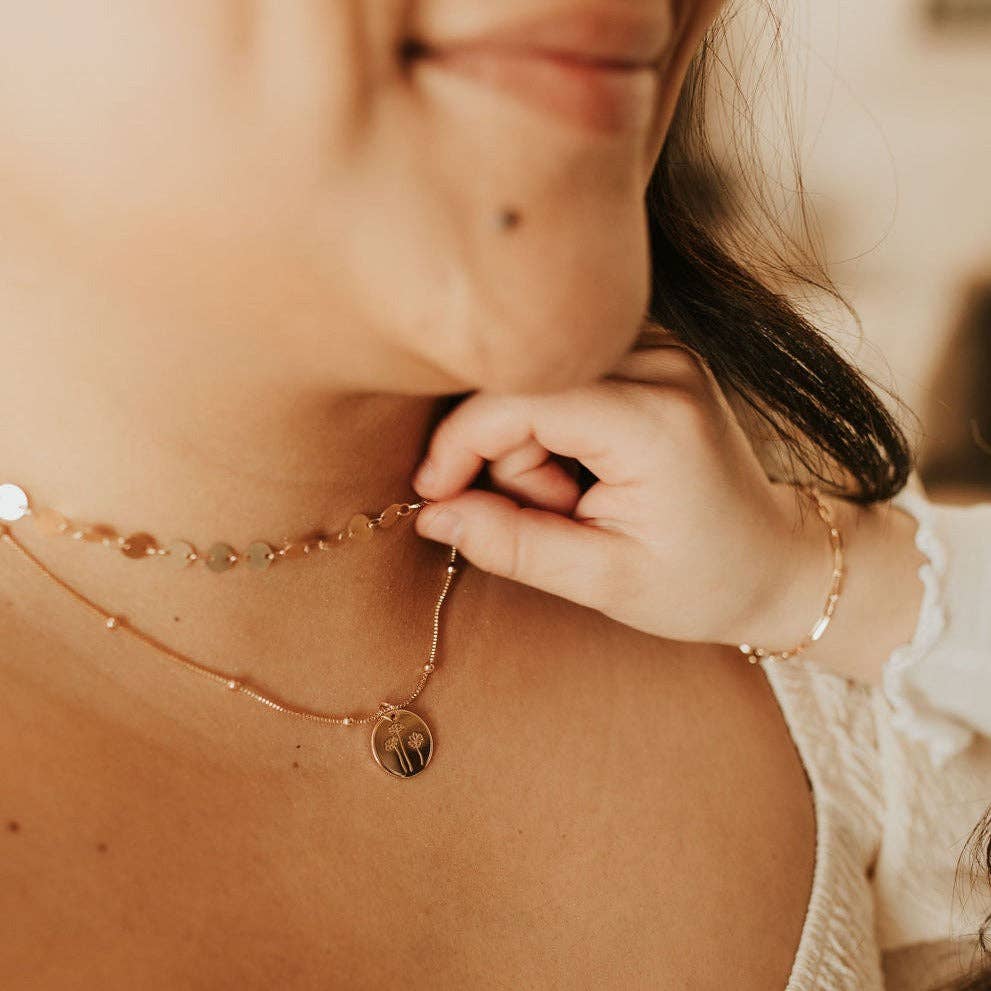 Chloe Gold Filled Coin Necklace layered on model 2