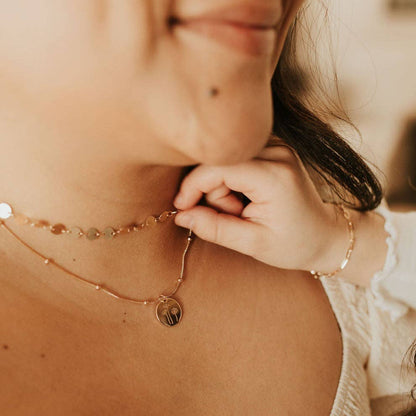 Chloe Gold Filled Coin Necklace layered on model 2