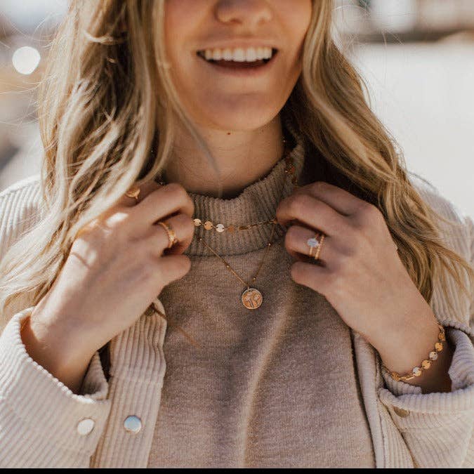 Chloe Gold Filled Coin Necklace layered on model 3