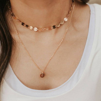 Chloe Gold Filled Coin Necklace layered on model front