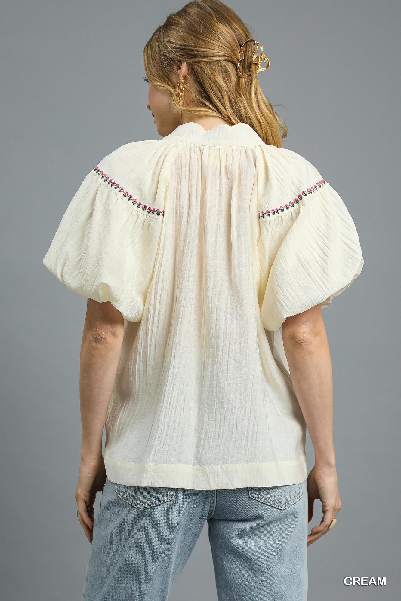 Embroidered Floral Puff Sleeve Blouse back side