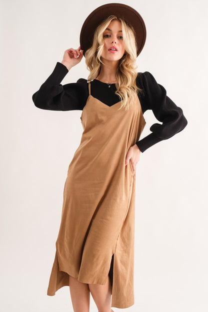 Faux Suede Cut Edge Cami Midi Dress