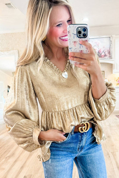 Gold Metallic Babydoll Blouse model selfie