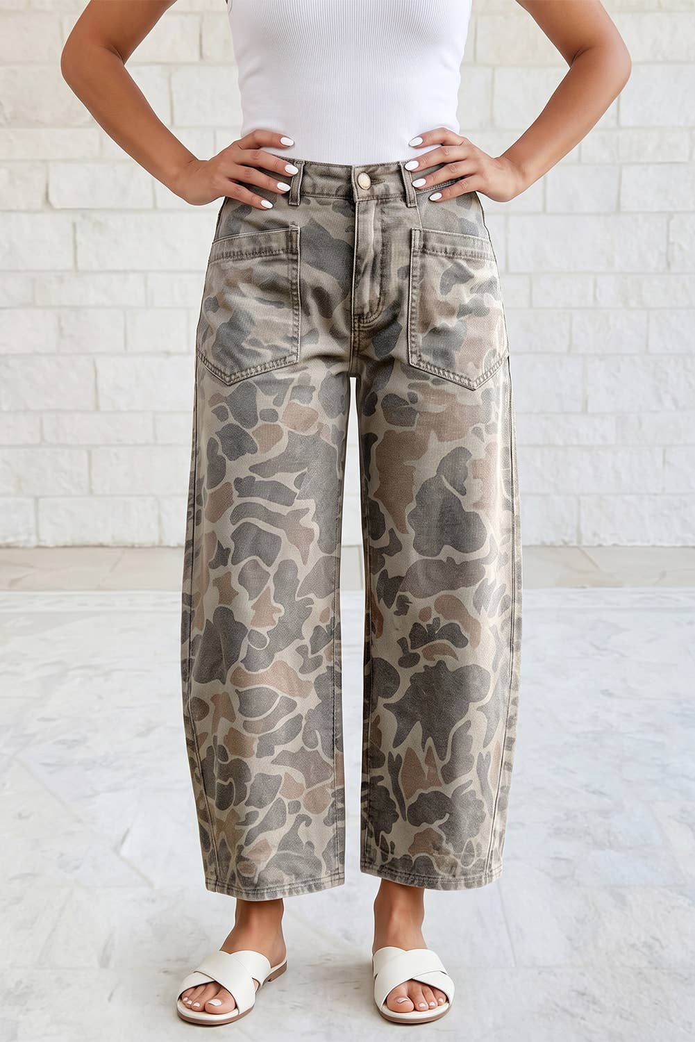 Camo Cropped Wide Leg Jeans