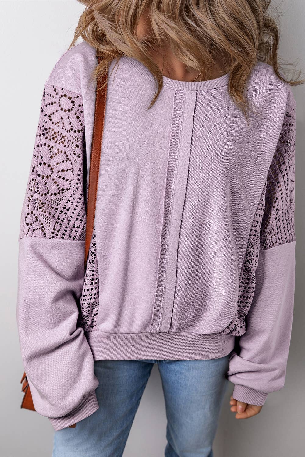 Knit Crochet Exposed Seam Ribbed Trim Sweatshirt front