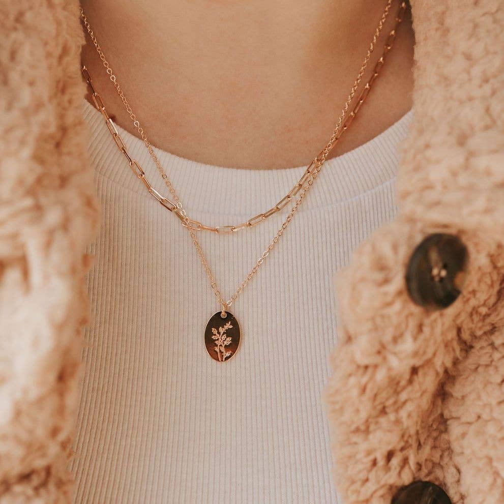 Madeline Gold Filled Paperclip Necklace layered on model