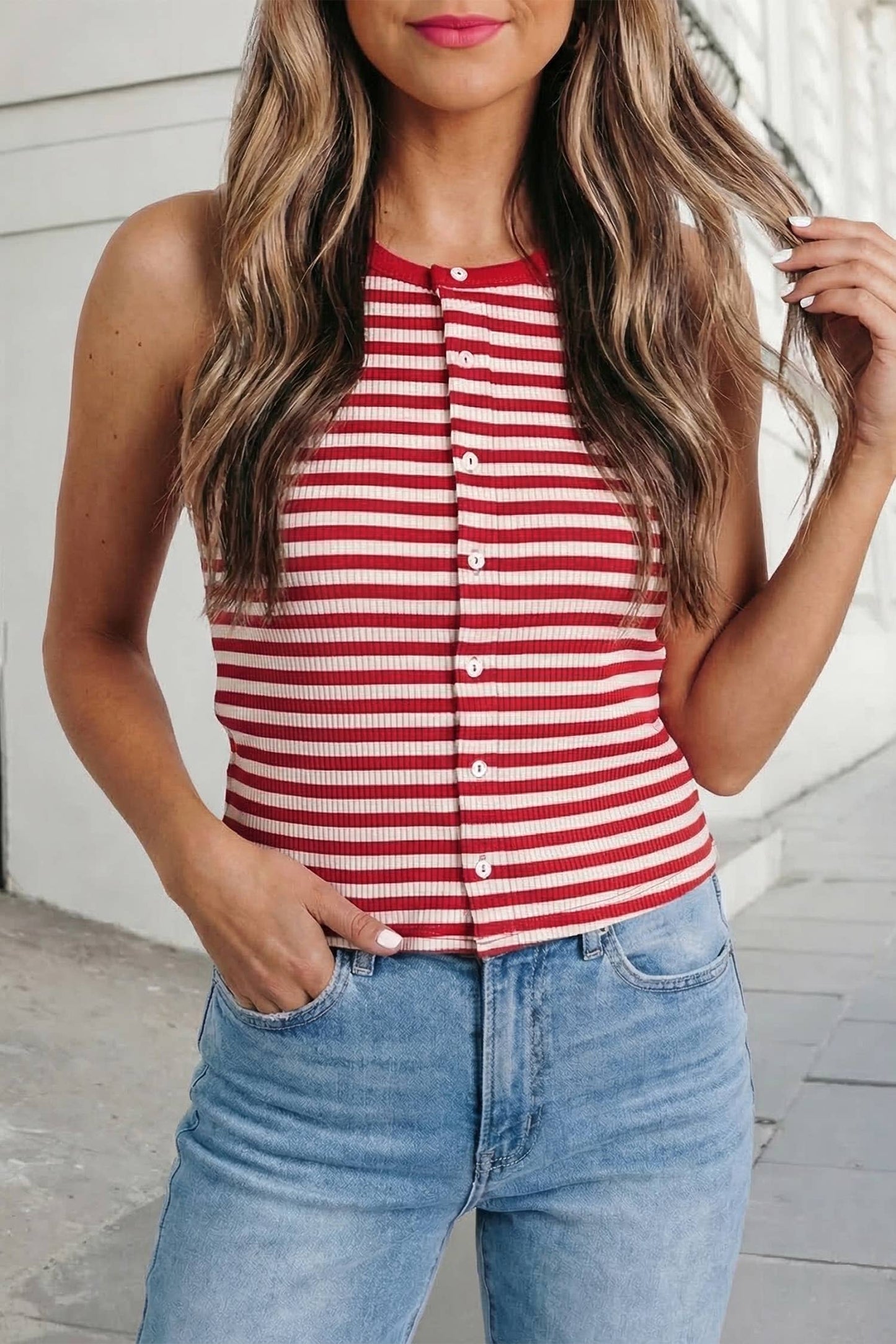 Stripe Buttoned Ribbed Knit Tank