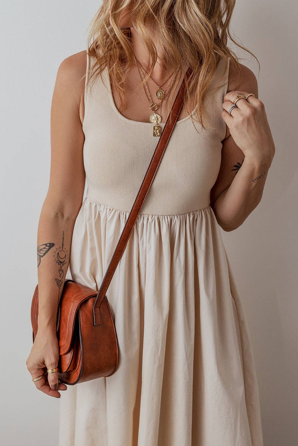 Scoop Neck Ribbed Pleated Dress