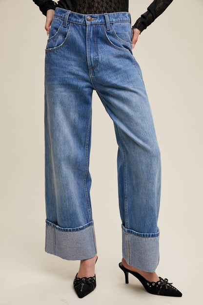 Cuffed Wide Leg Denim Pants