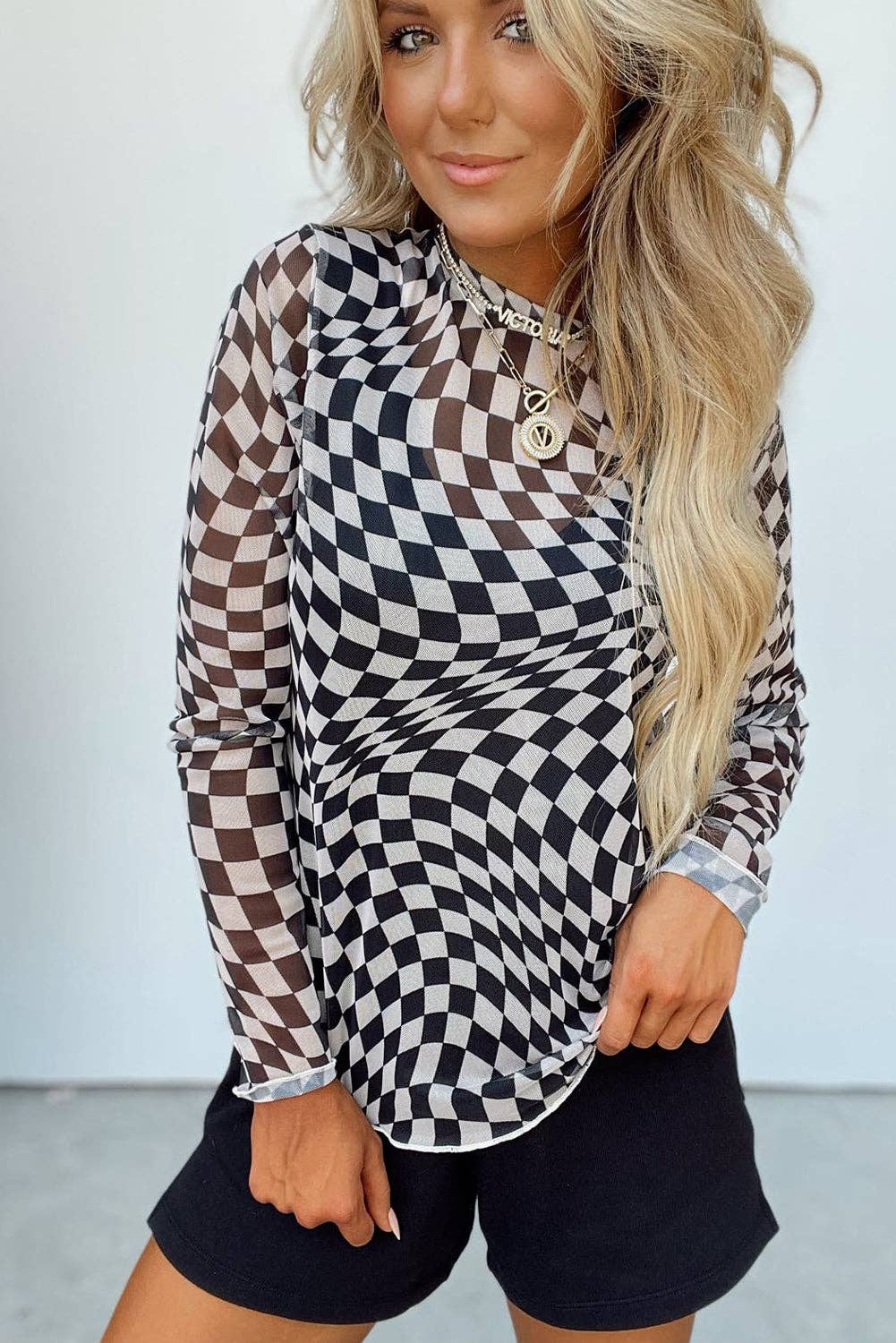 Black Checkered Mesh Top